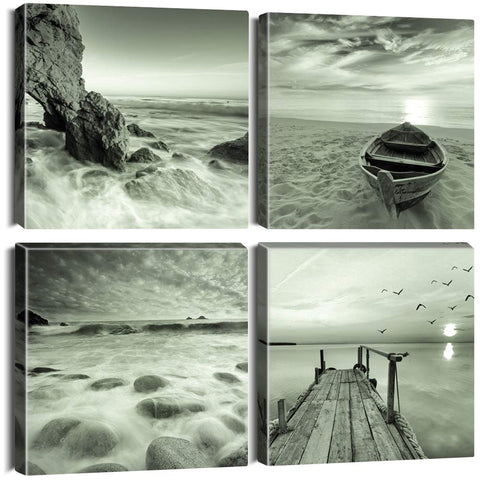 Artscope 4 Pieces Wall Art Canvas Prints - Seaside-Gray Picture Painting- Modern Wall Artwork Framed for Bathroom Home Office Decor - 30 x 30 CM