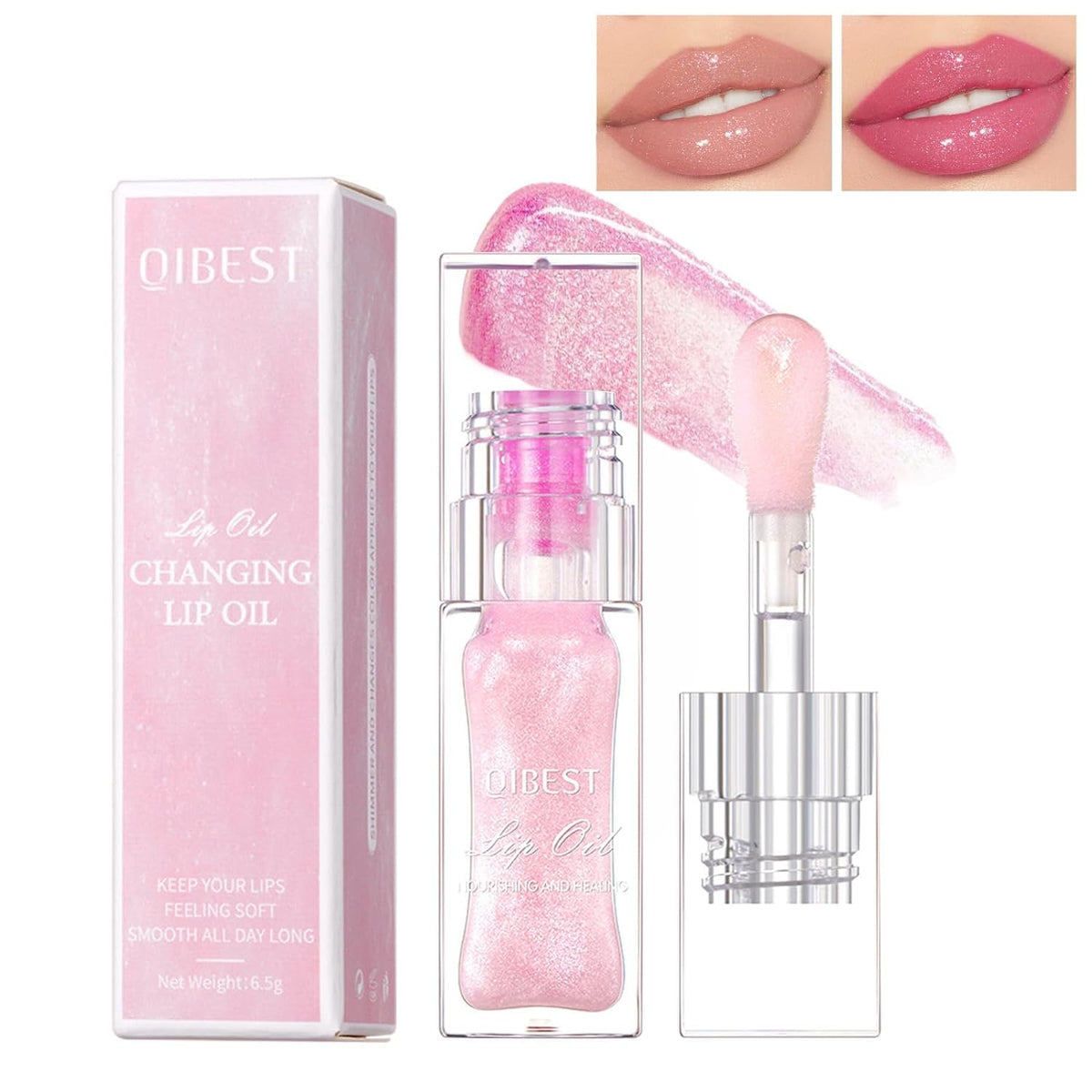 Color Changing Lip Oil, Magic Big Brush Color Changing Lip Oil, Moisturizing Lip Gloss,Long Lasting Lip Glow Oil, Nourishing Repairing & Non-sticky Primer Lip Tint (Shimmery Pink)