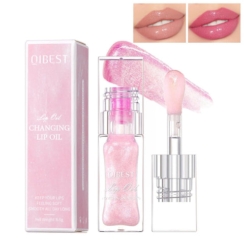 Color Changing Lip Oil, Magic Big Brush Color Changing Lip Oil, Moisturizing Lip Gloss,Long Lasting Lip Glow Oil, Nourishing Repairing & Non-sticky Primer Lip Tint (Shimmery Pink)