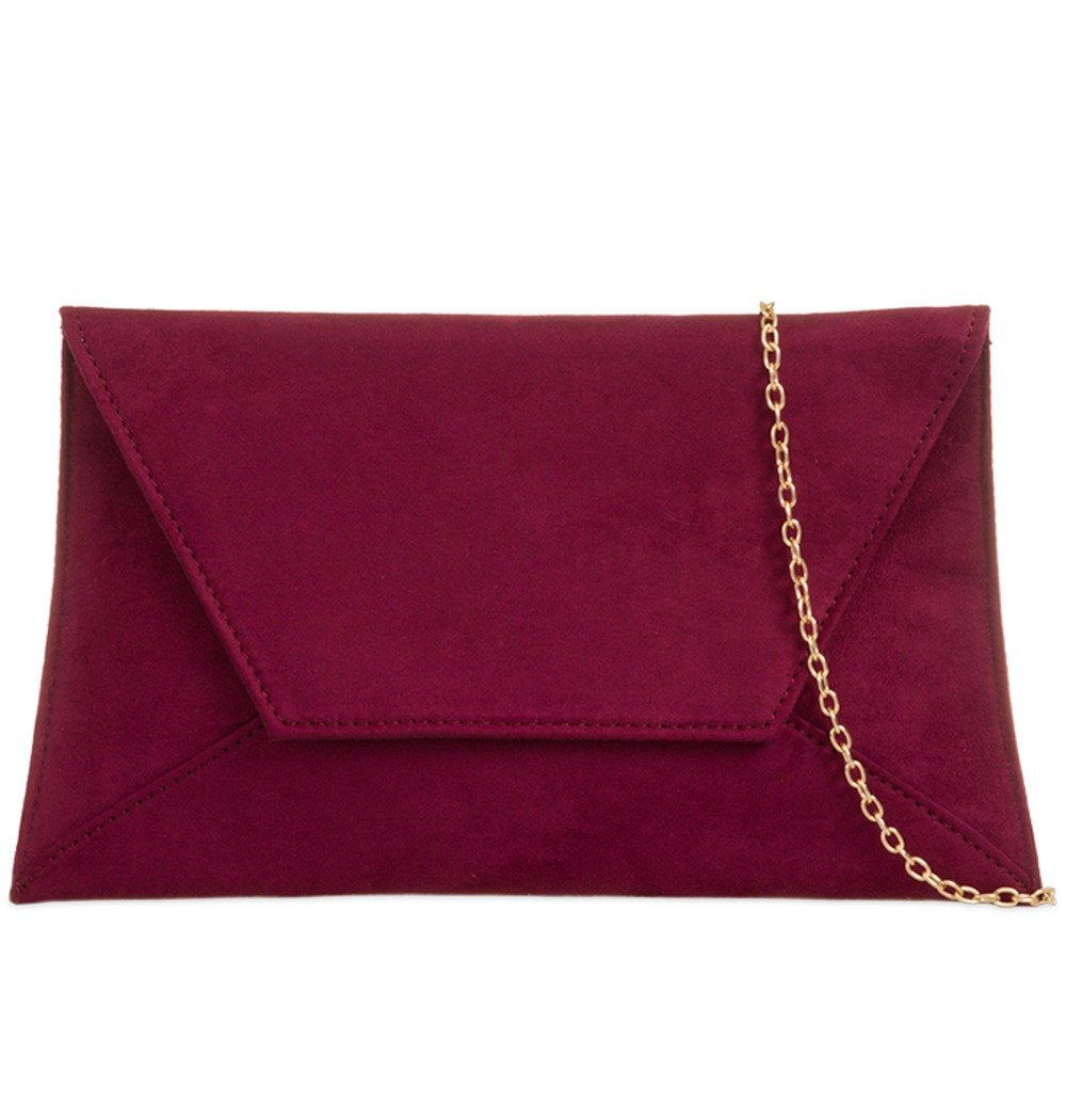 Purple Possum UK Burgundy Envelope Clutch Bag, Claret Faux Suede Evening Bag, Ladies Wine Shoulder Bag, Prom Wedding Handbag