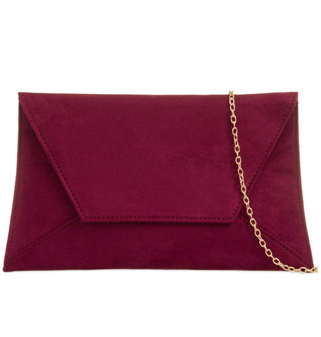 Purple Possum UK Burgundy Envelope Clutch Bag, Claret Faux Suede Evening Bag, Ladies Wine Shoulder Bag, Prom Wedding Handbag