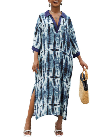 Bsubseach Kaftan Dresses for Women Long Beach Swimsuit Cover Up V Neck Caftan Loungewear Blue Tie Dye