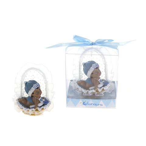 Lunaura Baby Keepsake - Set of 12 "Boy" Black Ethnic Baby on Tummy Inside Basket Favors - Blue