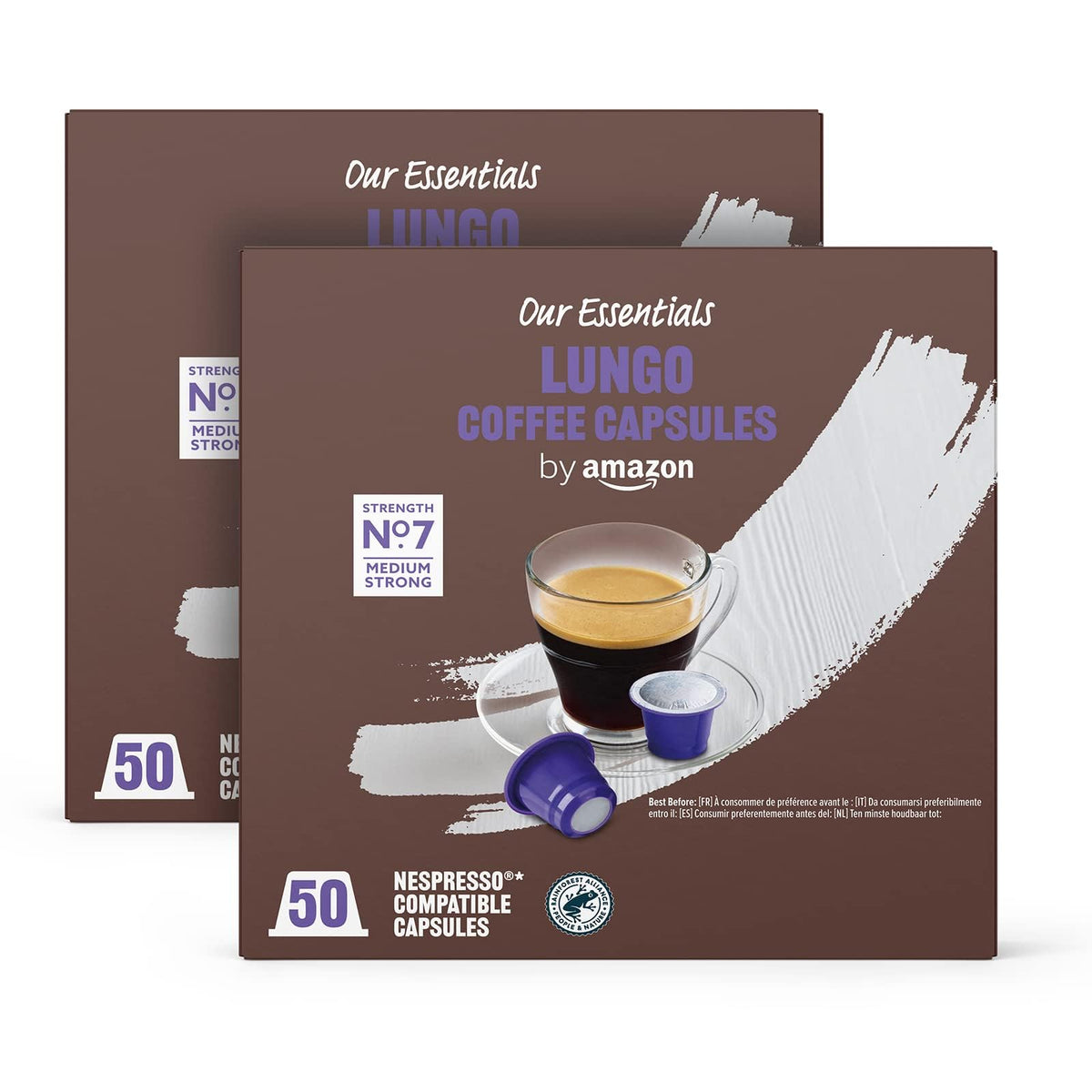 by Amazon Lungo Coffee Capsules Nespresso Compatible, Medium Roast, 100 Count (2 Packs of 50) - Rainforest Alliance Certified