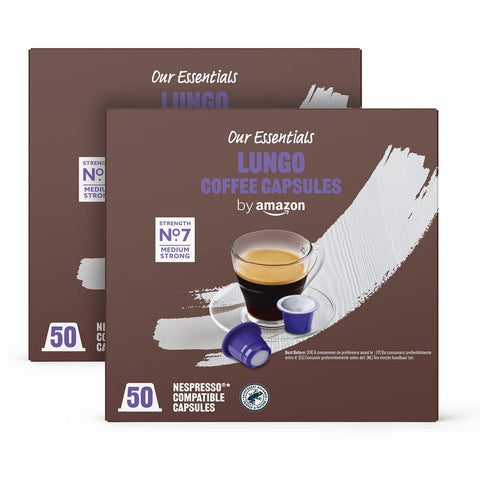 by Amazon Lungo Coffee Capsules Nespresso Compatible, Medium Roast, 100 Count (2 Packs of 50) - Rainforest Alliance Certified