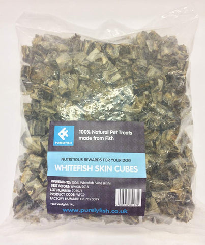 Purely Fish Whitefish Skin Cubes Dog Treats 900g Bag