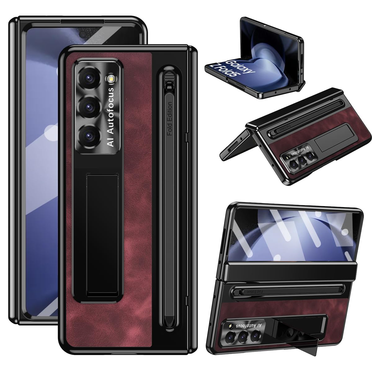 XIMAND for Samsung Galaxy Z Fold 6 Case with Slim S-Pen Holder & Capacitance Pen, Kickstand Premium Jazz Retro Leather Soft Touch Shockproof Hard Full-Body Screen Hinge Protection -Red
