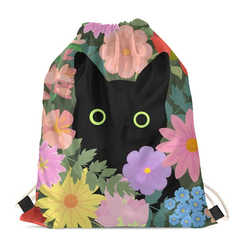 Showudesigns Flower Cat Drawstring Backpack for Girls Kids Adult Camping Hiking Gym Outdoor Travel Bag Gymsack Swim P.E. Daypack Rainbow