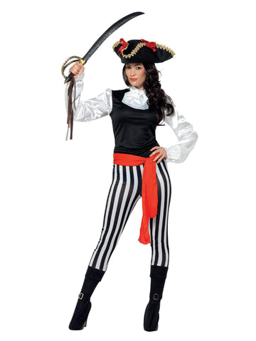 Smiffys Pirate Lady Costume, with Top, Black Trousers, Attached Boot Covers, Neck Ruffle & Belt, Pirate Fancy Dress, Pirate Dress Up Costumes