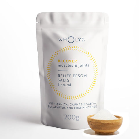 WholyMe Epsom Bath Salts for Muscle Recovery with Arnica, Frankincense, Eucalyptus Essential Oil - Magnesium Bath Salts for Muscle Soak, Feet & Muscle Pain - 200g Single Use