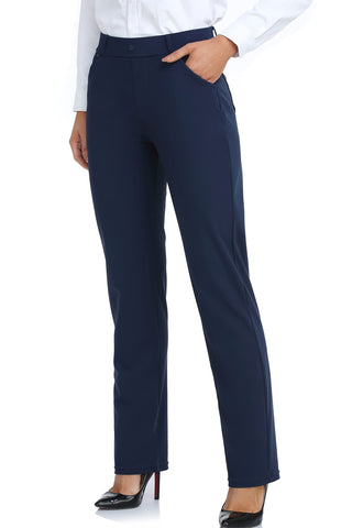 Oalka Women's Dress Pants Straight Leg Yoga Work Stretchy Pant for Office Business Navy Blue Long L