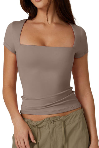 QINSEN Y2K T Shirt for Women Square Neck Short Sleeve Summer Tops Double Lined Tees,Rose Taupe Small