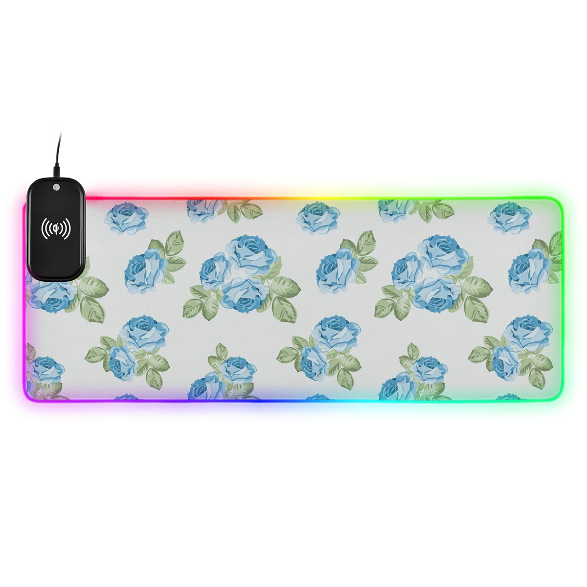 Chic Blue Rose Wireless Charging Mouse Pad for Mobile Phone Extra Large Gaming Mousepad with 13 Lighting Modes Mouse Mat for Gaming MacBook PC Laptop Desk Office Home