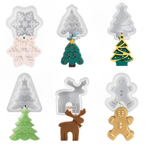 HyzaPhix 6PCS Christmas Candle Molds Christmas Silicone Molds Christmas Tree Resin Mold Snowflake Gingerbread Man Elk for Epoxy Resin, Candle Making, Handmade Soap, Chocolate