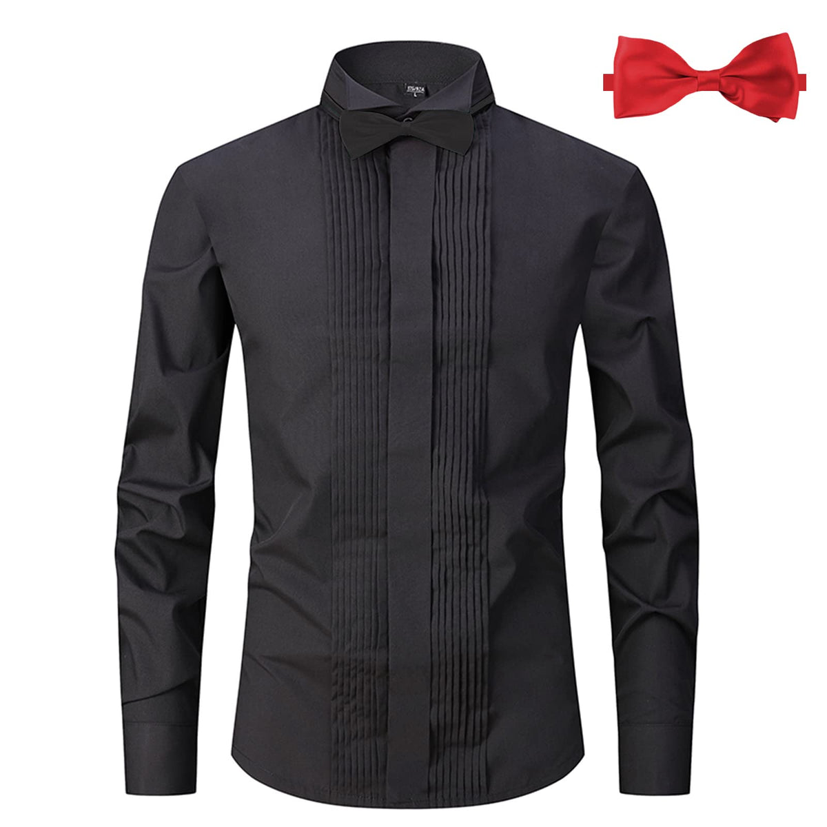 ATOFY Men's Tuxedo Dress Shirt Wing Collar Front Pleat French Cuffs with Cufflinks and 2 Bow Ties Slim Fit Button Down Shirts(Black, L)