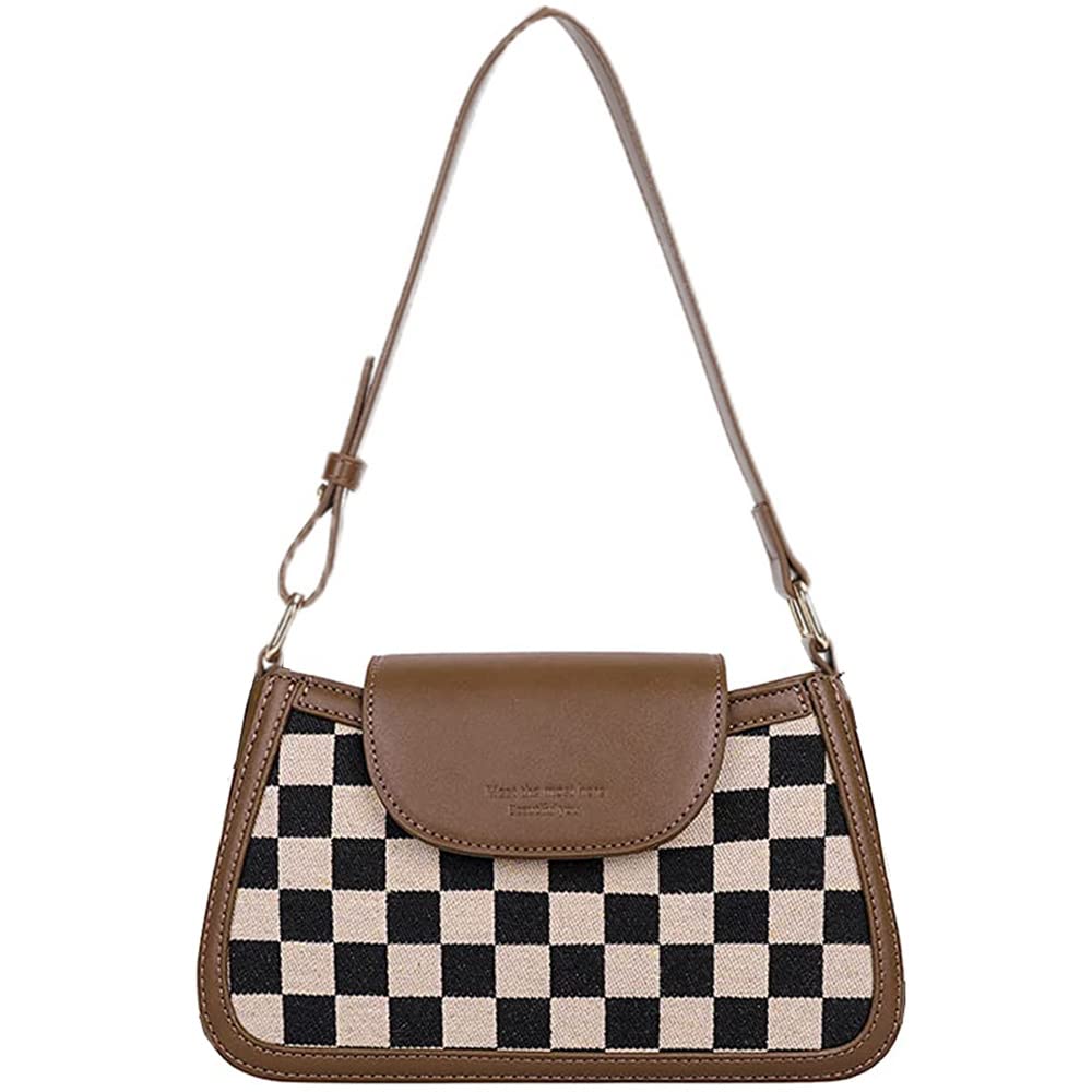 RTGGSEL Trendy Lattice Plaid Striped Saddle Crossbody Shoulder Handbags for Women Underarm Satchel Tote Clutch Purse Hobo Bag (Plaid Brown) (Plaid Brown)