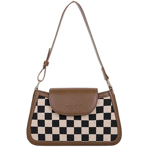 RTGGSEL Trendy Lattice Plaid Striped Saddle Crossbody Shoulder Handbags for Women Underarm Satchel Tote Clutch Purse Hobo Bag (Plaid Brown) (Plaid Brown)