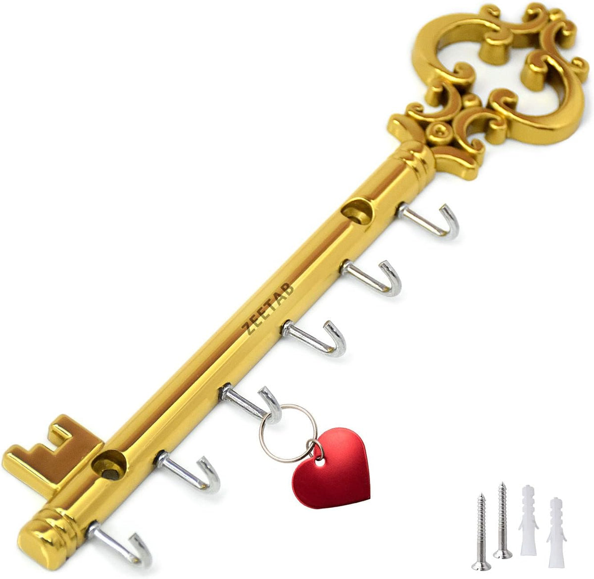 Zeetab Metal Royal Key Holder & Hanger with 6 Hooks | Rajwadi Wall Mount Key Stand | Home Decor Gift (24x6cm) (Gold)