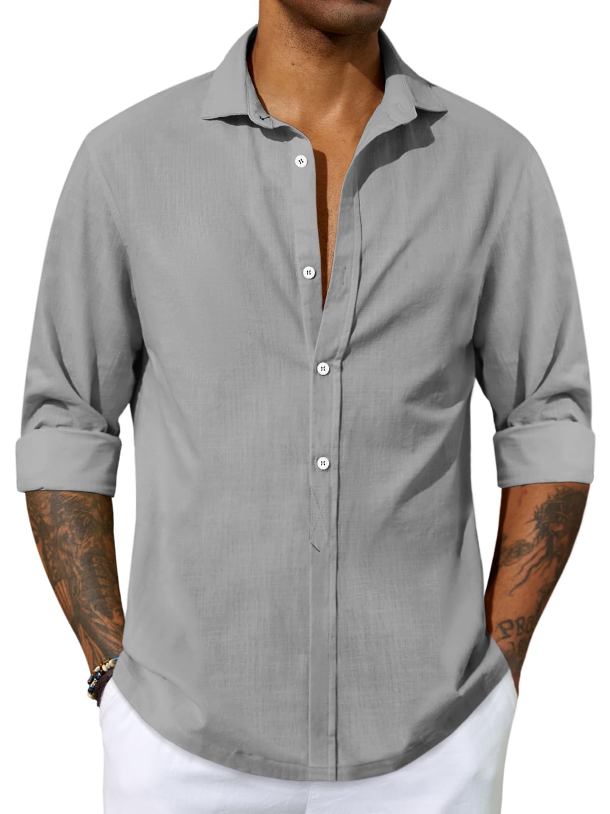 Mens Long Sleeve Shirt Cotton Tees Loose Fit Button Down Blouse Summer Beach Linen Casual Hippie Tops X-Large