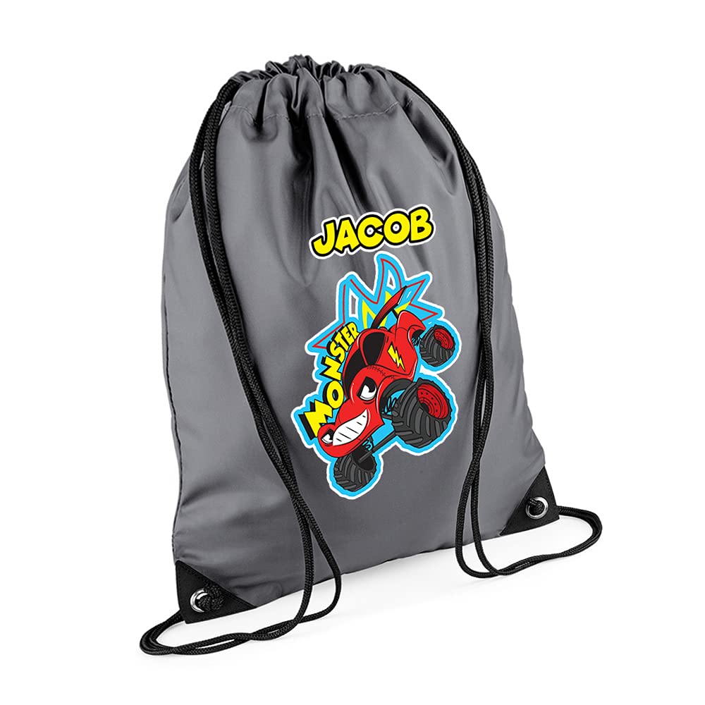 Personalised Funny Monster Truck Gift for Kids-Boys Toddlers Birthday Gift Back To School Drawstring Bag, PE Gym Kit, Swimming Rucksack. (Graphite Grey)