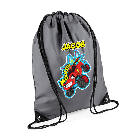 Personalised Funny Monster Truck Gift for Kids-Boys Toddlers Birthday Gift Back To School Drawstring Bag, PE Gym Kit, Swimming Rucksack. (Graphite Grey)