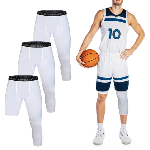 3 Pack Men's Compression Pants Single Leg 3/4 Basketball Tights Leggings Athletic Running Tights One Leg Base Layer Underwear White M