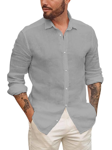 Mens Linen Beach Shirts Long Sleeve Casual Cotton Summer Button Up Lightweight Tops (XXX-Large, Grey-1)