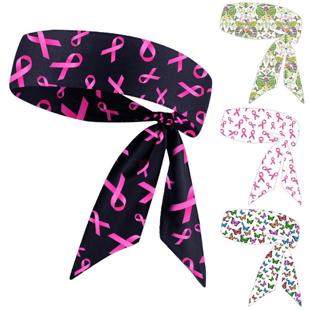 JHYWELL Breast Cancer Awareness Head Ties, Pink, One Size, for Women Chemo Patients and Athletes, Sweat Wicking Headband, Tie Up Hair Band for Tennis, Running, Cycling, Martial Arts