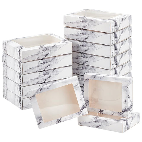 BENECREAT 15 Packs 6.5x5x1.3 Inches Marble White Kraft Paper Bakery Box with Clear PVC Window Pastry Gift Box for Candy, Cookies and Other Handicrafts