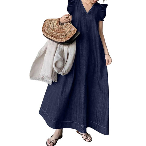 utcoco Womens Long Denim Dress Casual Loose Fit Ruffle Sleeveless V-Neck Jean Maxi Dresses for Women 2024 (X-Large, Dark Blue)