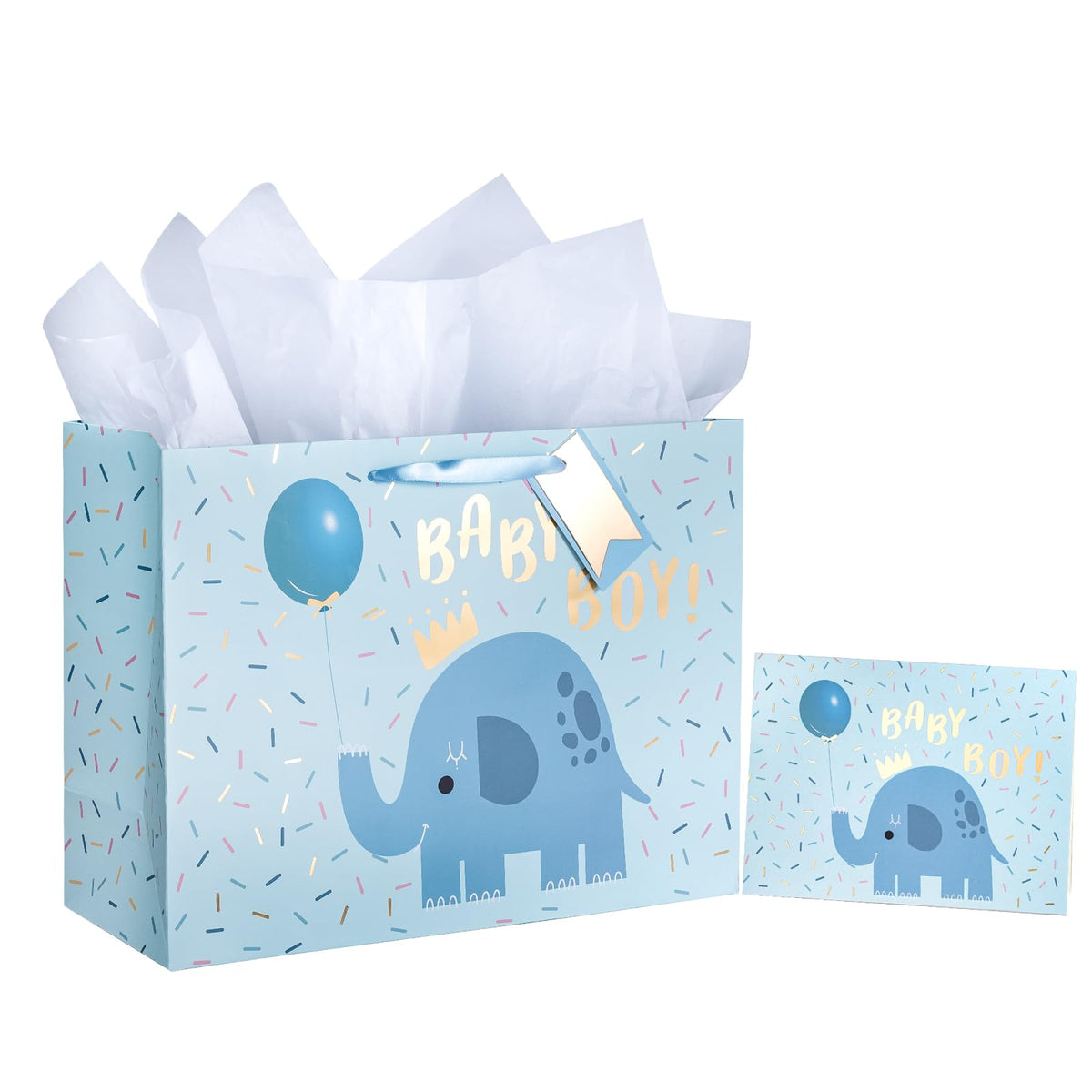 WRAPAHOLIC 16" Extra Large Baby Boy Gift Bag with Card and Tissue Paper - Adorable Elephant Design for Baby Boy, Baby Shower, Party