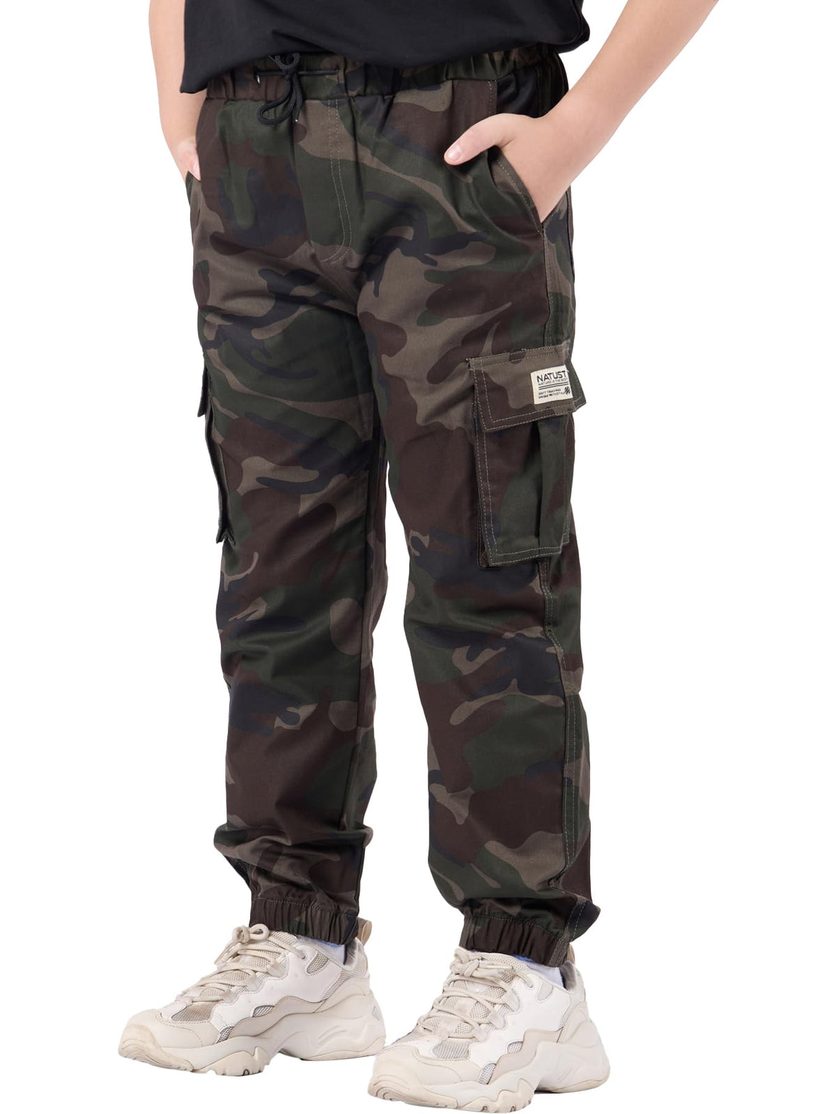 NATUST Boys Cargo Joggers Drawstring Jogging Pants Boys' Elastic Waist Trousers Kids Cotton Twill Pants Camo Green 11-12 Years/Size 160