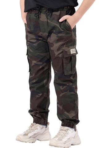 NATUST Boys Cargo Joggers Drawstring Jogging Pants Boys' Elastic Waist Trousers Kids Cotton Twill Pants Camo Green 11-12 Years/Size 160