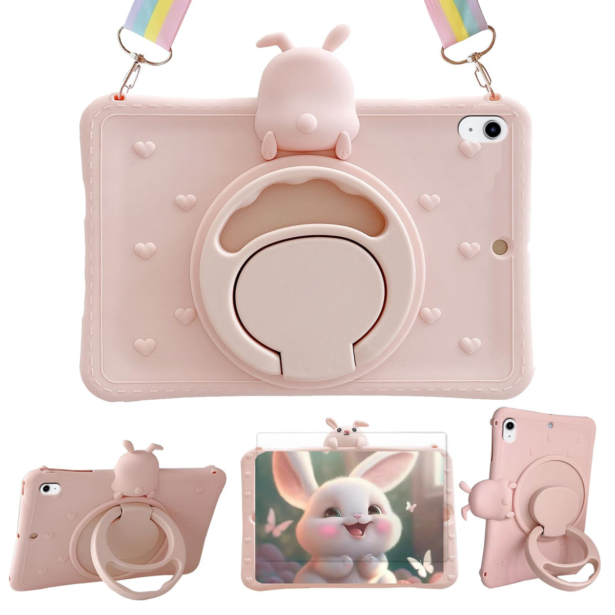 A-BEAUTY Case Fits New iPad 10th Generation 2022 iPad Case, with Rotating kickstand/ Shoulder Strap/ Screen Protector Cute bunny silicone tablet case