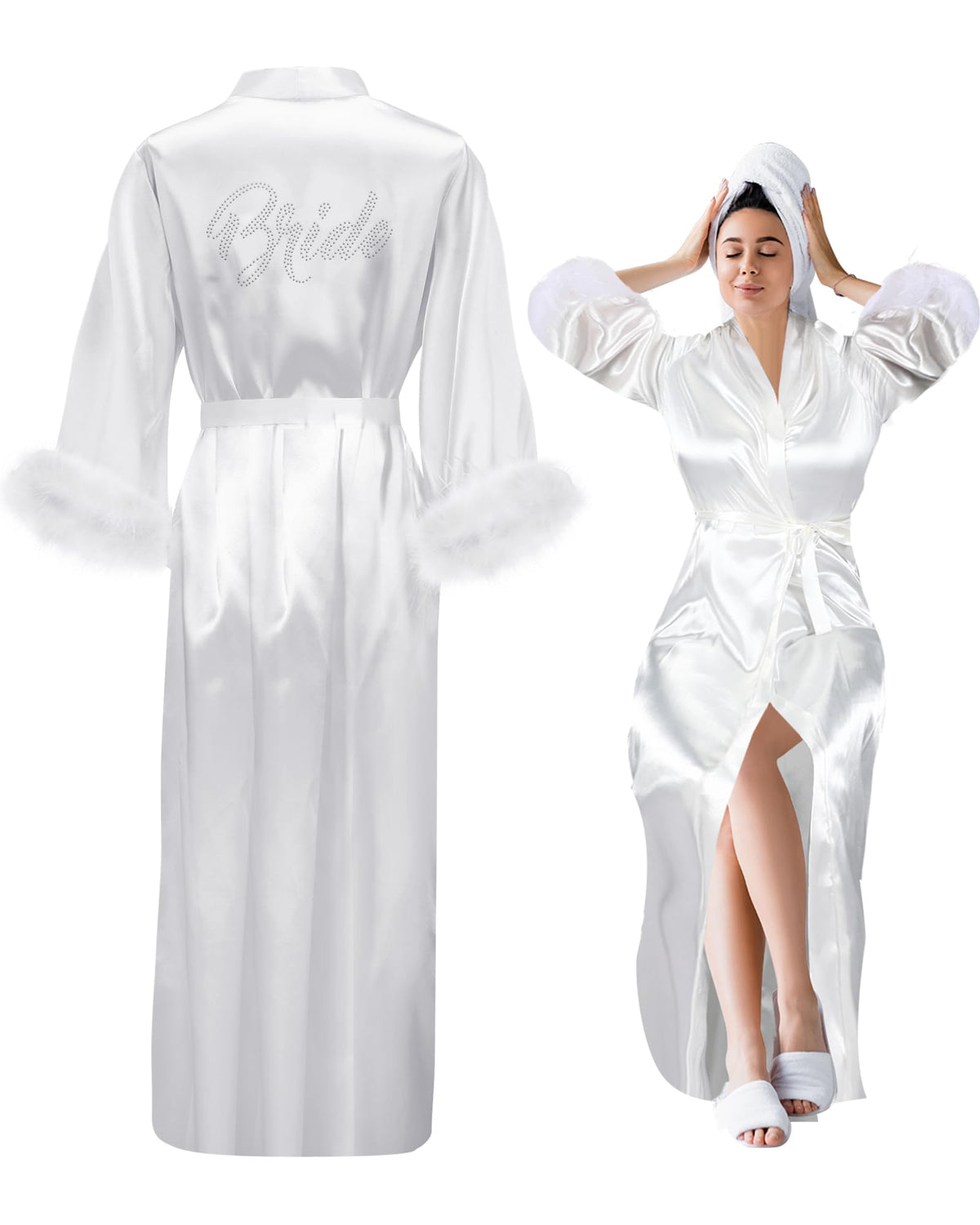 Cutecrop Bride Robe Satin Feather Robe Women Silk Kimono Robe with Ostrich Feather Trim Bridal Sleepwear for Wedding Party (M)