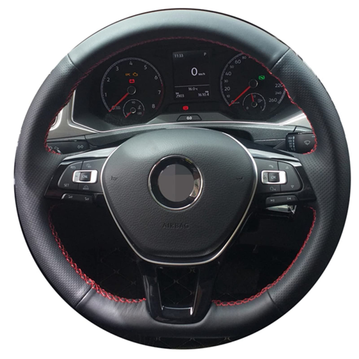 ERKIES Car Steering Wheel Cover for VW Golf 7 Mk7 Polo Passat B8, for Jetta, DIY Hand-stitched Black Car Steering Wheel Cover,Red Thread