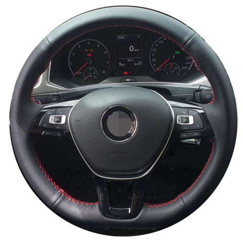 ERKIES Car Steering Wheel Cover for VW Golf 7 Mk7 Polo Passat B8, for Jetta, DIY Hand-stitched Black Car Steering Wheel Cover,Red Thread