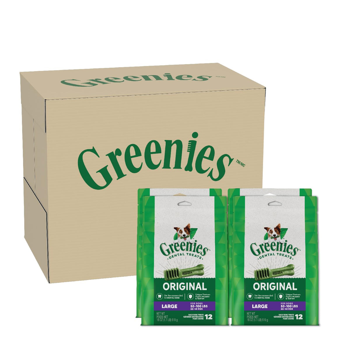 Greenies Original Large Natural Dental Care Dog Treats, 18 Oz. Pack (48 Treats), 12 Count (Pack of 4)