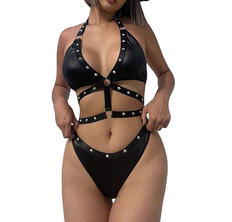 Women's Cowgirl Costume Leather Bikini Sexy Devil Cosplay Lingerie Studded Bandage Outfit 2 Piece High Waist Swimsuit