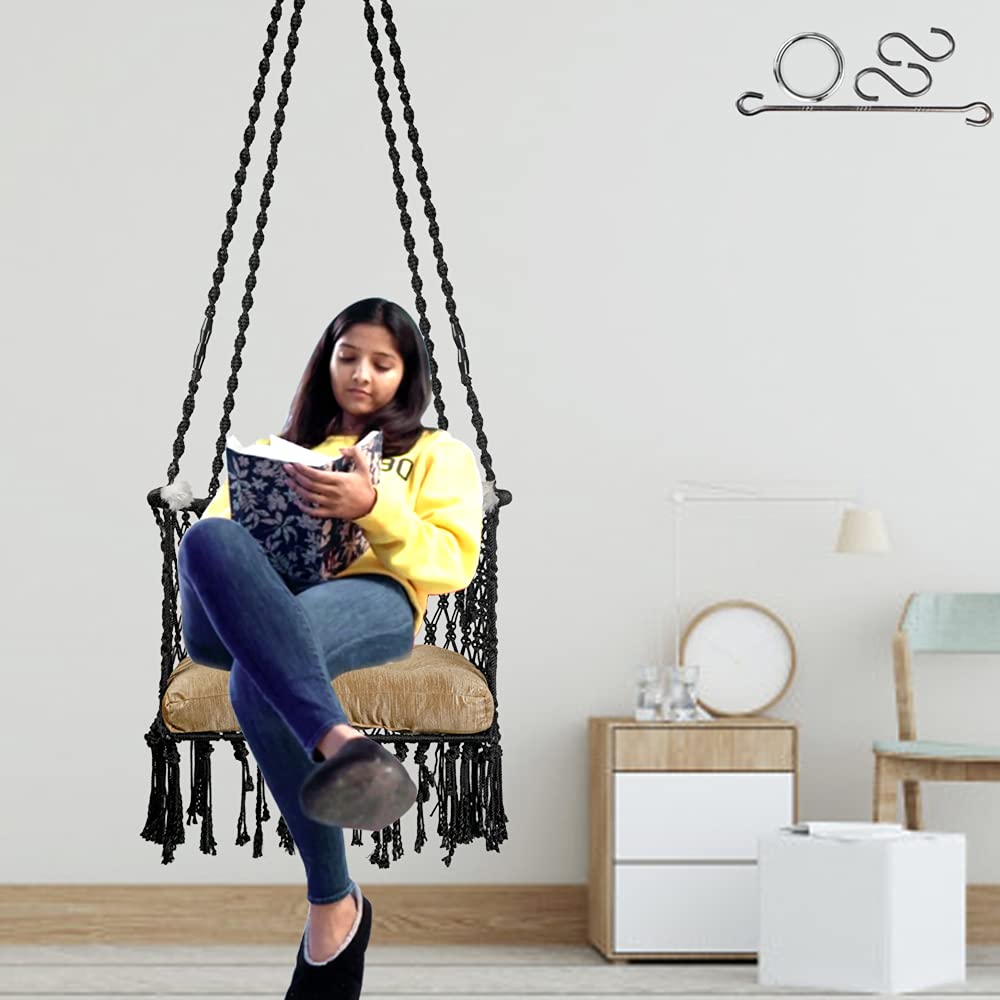 Patiofy Adults, Kid's Premium Cotton C-Swing Hanging Chair with Golden Color Cushion and Accessories (Black)