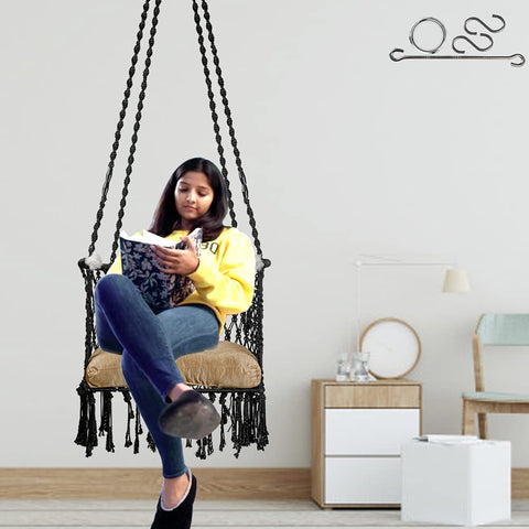 Patiofy Adults, Kid's Premium Cotton C-Swing Hanging Chair with Golden Color Cushion and Accessories (Black)