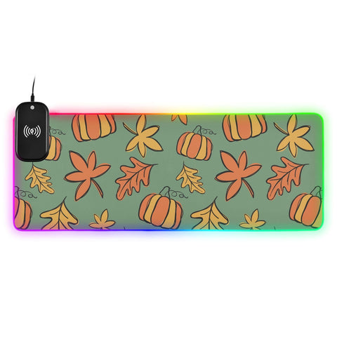 Autumn Fall Leaves Pumpkins Thanksgiving Wireless Charging Mouse Pad for Mobile Phone Extra Large Gaming Mousepad with 13 Lighting Modes Computer Mat for Gaming MacBook PC Laptop Desk Office Home