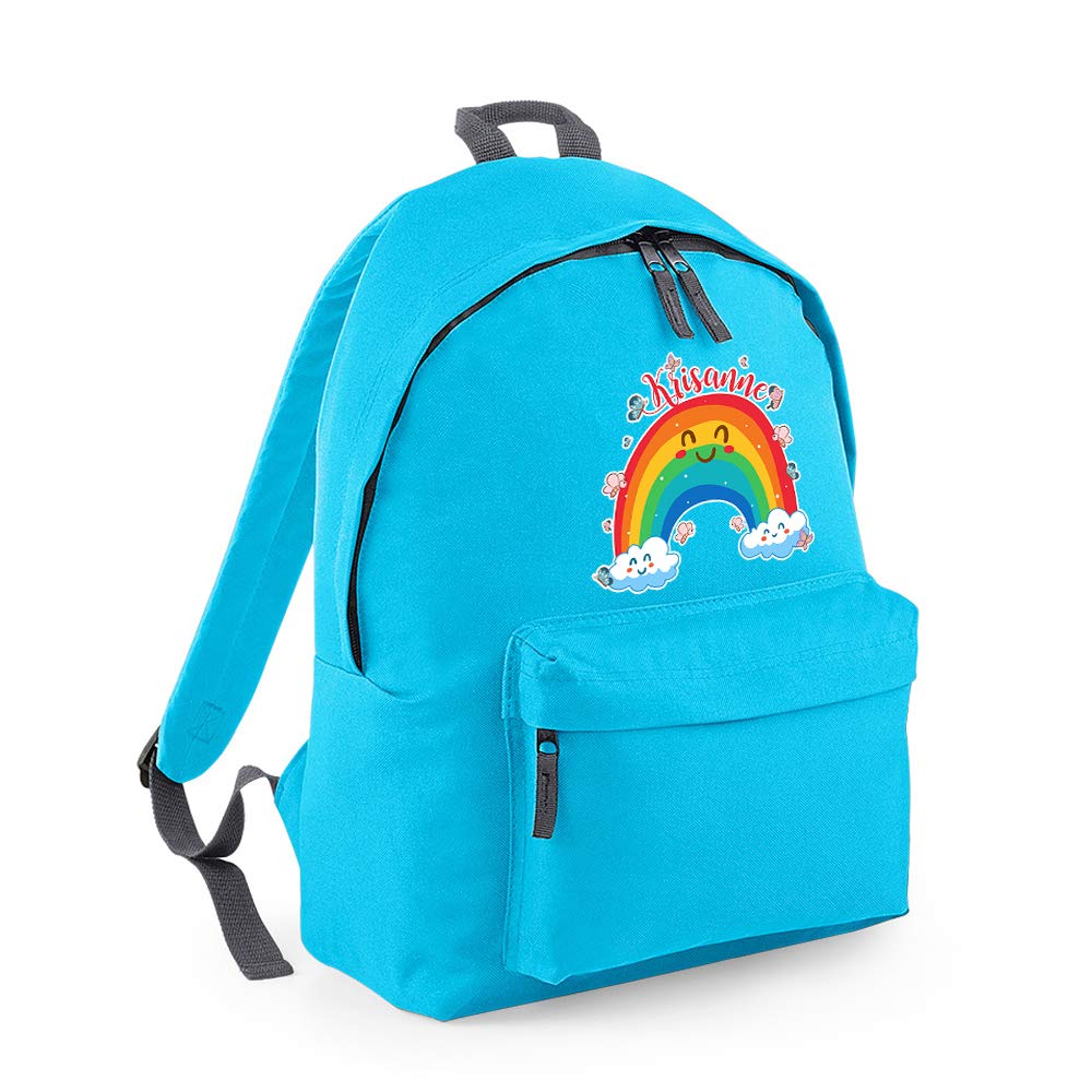 Personalised Butterfly with Rainbow Cloud Art Fashion Backpack Girls/Kids Back to School Rucksacks Shoulder Bag Birthday Present (Surf Blue Graphite Grey)