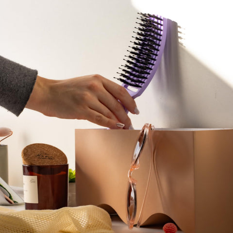 Olivia Garden Fingerbrush Care Iconic - Medium - Lavender - Detangling Hairbrush with Boar & Nylon Bristles for Ultimate Shine & Smooth Styling