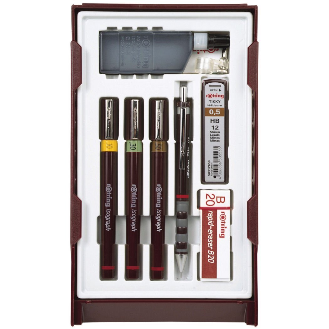 rOtring Isograph Pen Set Technical Pen & Pencil College Set | 3 Pens (0.20mm, 0.30mm, 0.50mm) and Mechanical Pencil (0.5mm) + Accessories