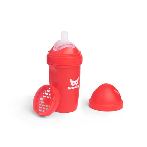 Herobility Double Anti-Colic Baby Bottle | Award-Winning Hero Baby Bottles | Soft Breast- Like Teat, Easy Mixing Lid & Net | Safe & Environment Friendly Materials | 240ml/8.5 fl oz Red