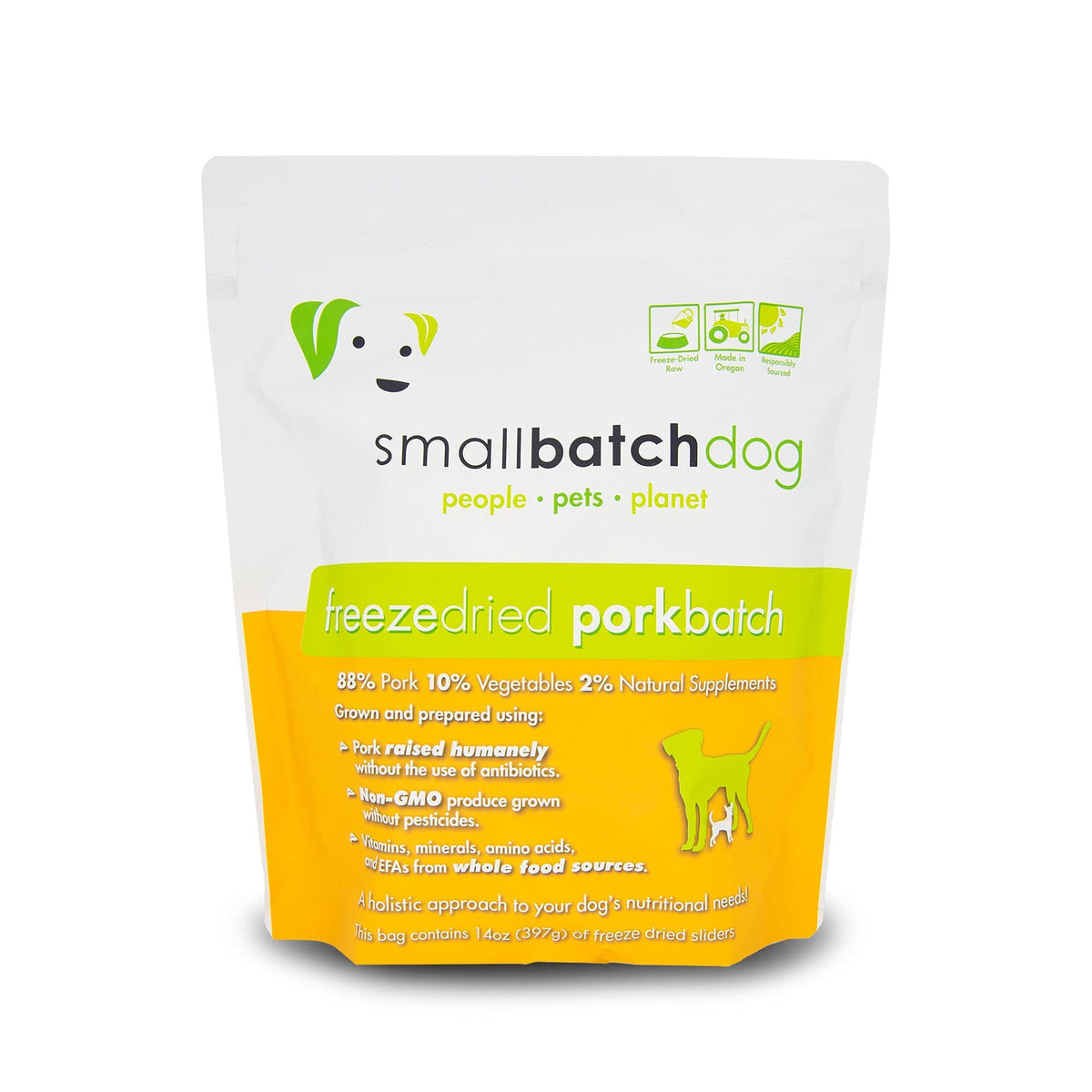 smallbatch Pets Freeze-Dried Premium Raw Food Diet for Dogs, Pork Recipe, 14 oz, Made in The USA, Organic Produce, Humanely Raised Meat, Hydrate and Serve Patties, Single Source Protein, Healthy