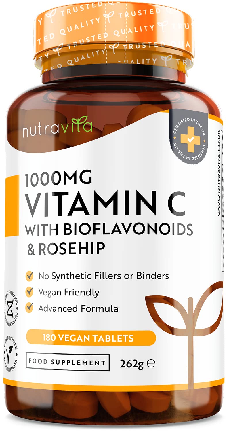 Vitamin C 1000mg - 180 Premium Vegan & Vegetarian Tablets - 6 Month Supply - High Strength Ascorbic Acid - with Added Bioflavonoids & Rosehip - for Normal Immune System - Made in The UK by Nutravita