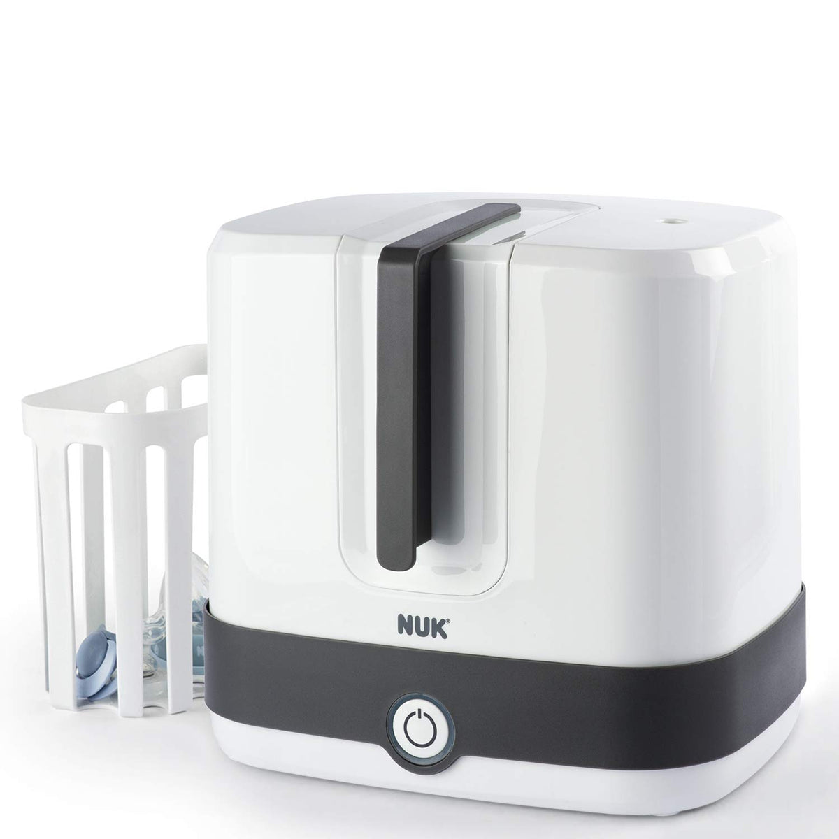 NUK Vario Express Flaschensterilisator | sterilisiert bis zu 6 Babyflaschen plus ZubehÃ¶r in 6 Minuten auf Wasserdampfbasis | automatische Abschaltung | herausnehmbarer Korb & versetzbare StÃ¤be | EU-Stecker