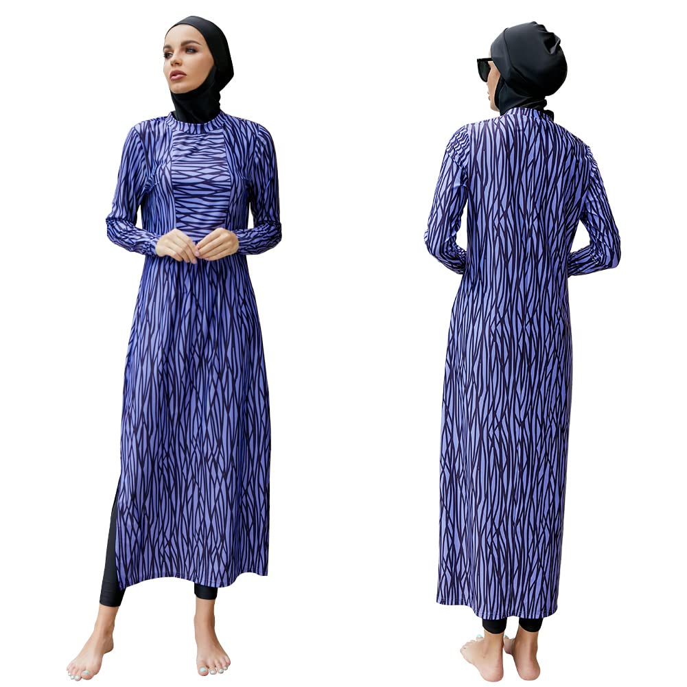 Muslim Swimsuits for Women Modest Islamic Arabic Swimwear Burkini Full Cover Hijab Long Sleeve Muslim Dress Top + Pants Set with Swim Cap Sun Protection Rash Guard Bathing Suits Blue Print L